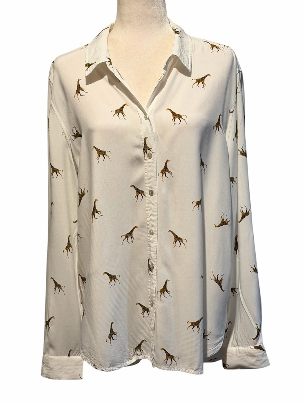 Jane + Delancey White Giraffe Print Button Down Blouse Top Animal Print Size XL